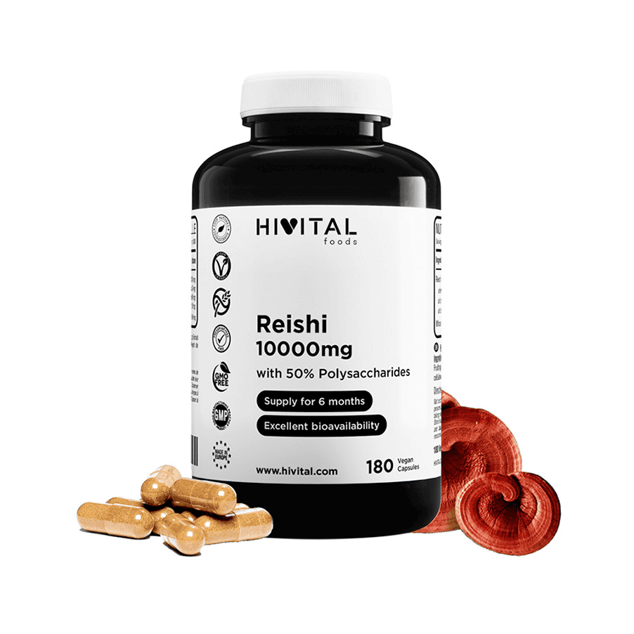 Reishi 10000mg Hivital com 180 cápsulas veganas, suplemento alimentar com extrato concentrado de Ganoderma lucidum.