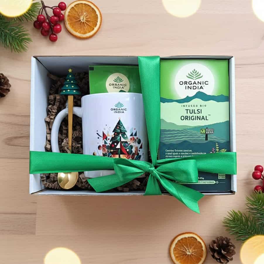Ritual de Natal Tulsi Original Organic India com infusão de tulsi numa apresentação especial para oferecer.
