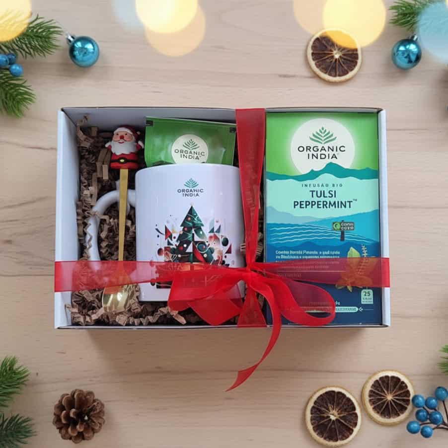 Ritual de Natal Tulsi Peppermint Organic India com infusão de tulsi e hortelã-pimenta numa apresentação especial para oferecer.
