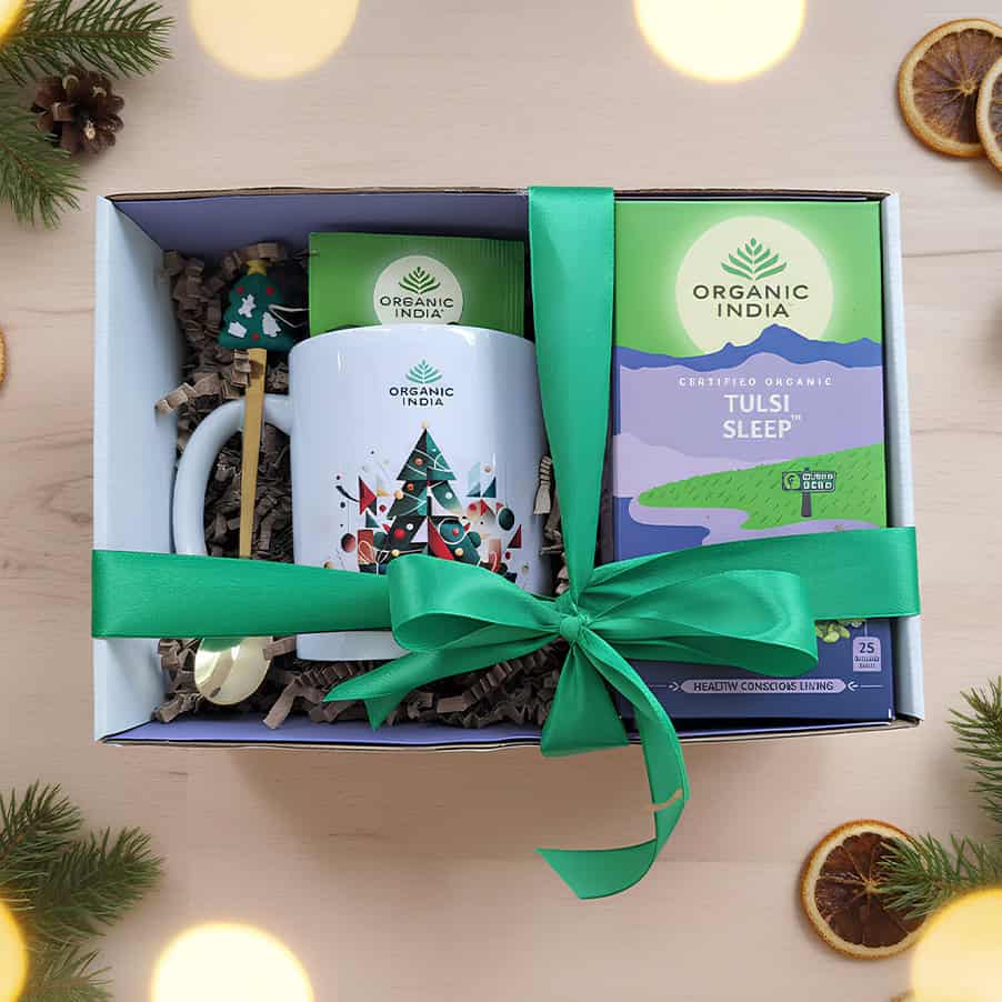 Ritual de Natal Tulsi Sleep Organic India com infusão aromática numa apresentação especial para oferecer.