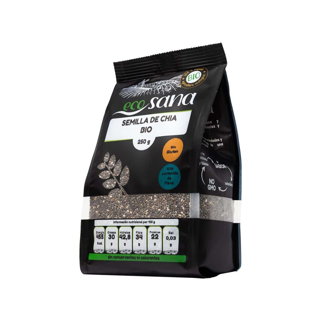 Sementes de Chia Bio 250gr Ecosana em embalagem, sementes biológicas para adicionar a iogurtes, batidos, papas e receitas.