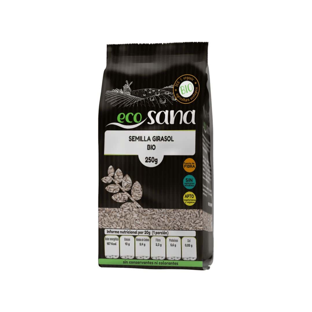 Sementes de Girassol Bio 250gr Ecosana em embalagem, sementes biológicas para adicionar a saladas, pão, iogurtes e receitas.