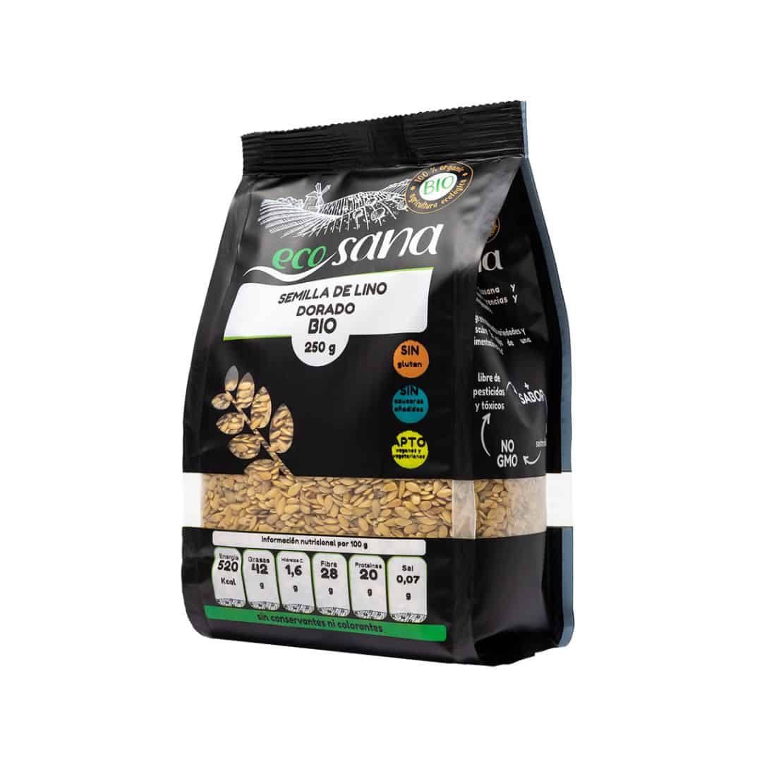 Sementes de Linhaça Dourada Bio 250gr Ecosana em embalagem, sementes biológicas para adicionar a iogurtes, papas, pão e receitas.
