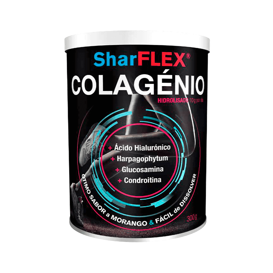 SharFlex Colagénio Hidrolisado 300 g PhytoGold, suplemento alimentar em pó com colagénio marinho, magnésio, vitamina C, boswellia e curcuma.