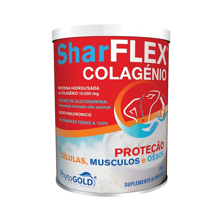 SharFlex Colagénio Proteção 300 g PhytoGold, suplemento alimentar em pó com colagénio hidrolisado, glucosamina, ácido hialurónico e vitaminas.