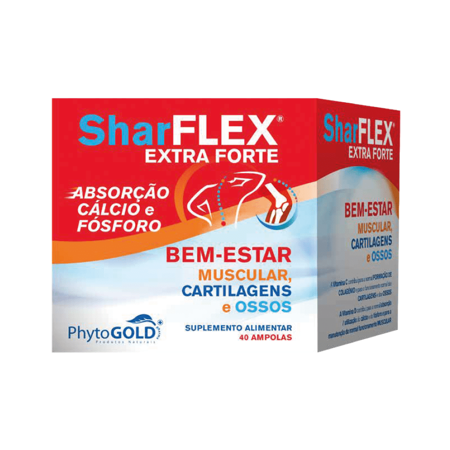 SharFlex Extra Forte com 40 ampolas PhytoGold, suplemento alimentar líquido com glucosamina, MSM, condroitina, ácido hialurónico e vitaminas C e D.
