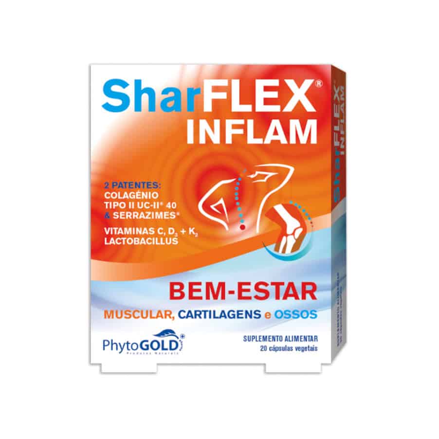SharFlex Inflam 20 cápsulas PhytoGold, suplemento alimentar com colagénio tipo II, vitaminas C, D3 e K2.