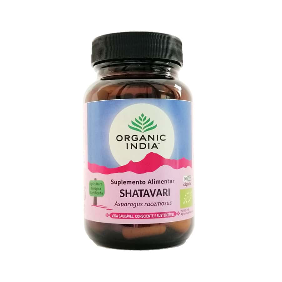 Shatavari Organic India em embalagem com 90 cápsulas vegetais.