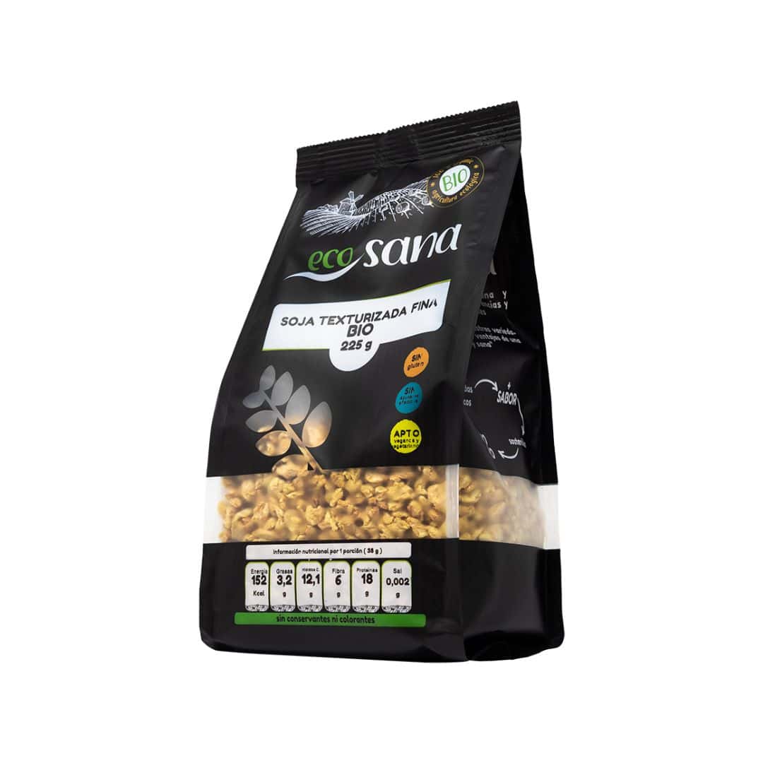 Soja Texturizada Fina Bio 225gr Ecosana em embalagem, proteína vegetal biológica para receitas vegetarianas e vegan.