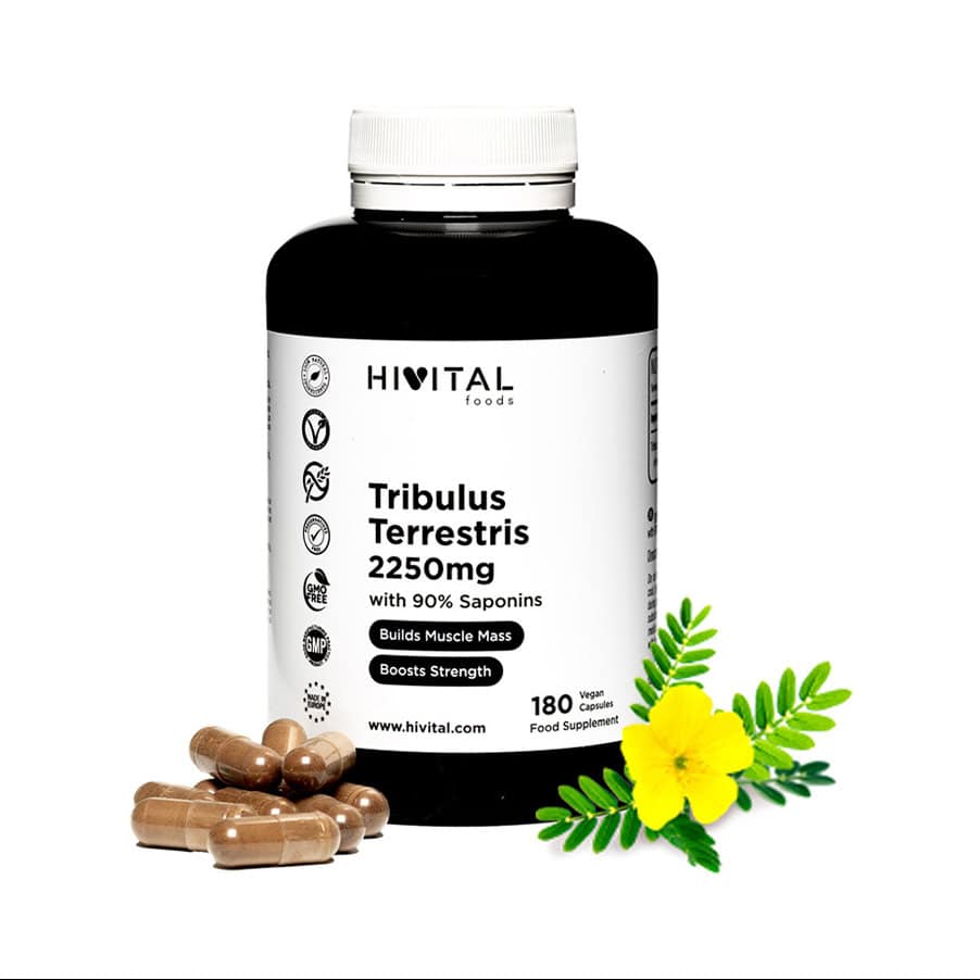 Tribulus Terrestris 2250mg Hivital com 180 cápsulas veganas, suplemento alimentar com extrato de fruto de tribulus.