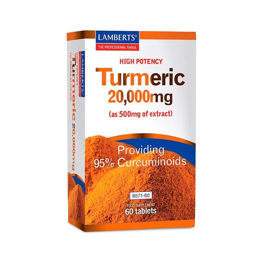 Turmeric Curcuma 20.000mg 60 Comprimidos Lamberts, suplemento alimentar em comprimidos com extrato concentrado de curcuma.