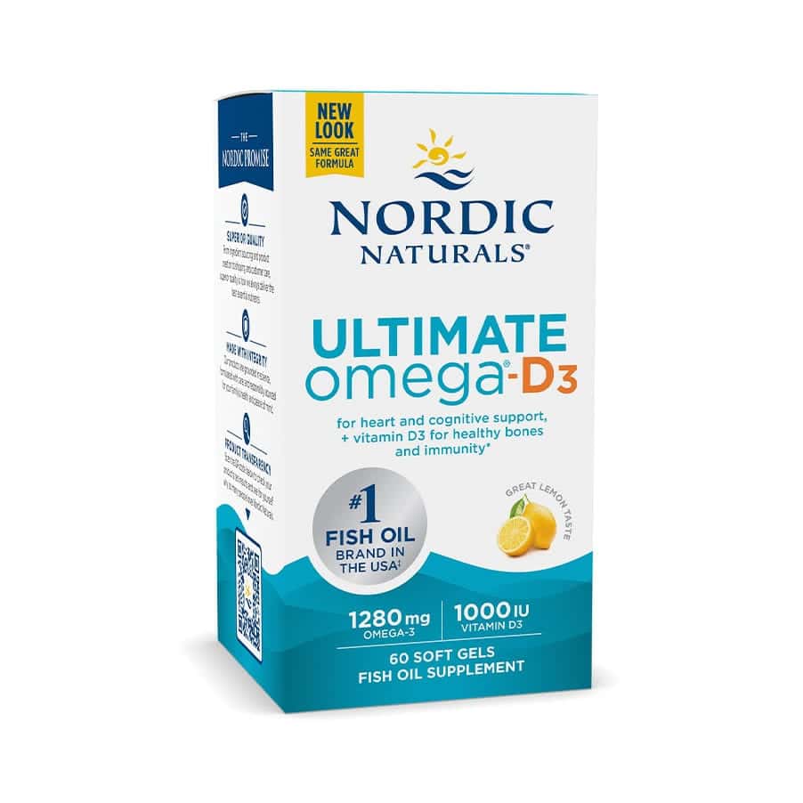 Ultimate Omega-D3 1280mg Limão 60 Cápsulas Nordic Naturals, suplemento de ómega-3 com EPA, DHA e vitamina D3.
