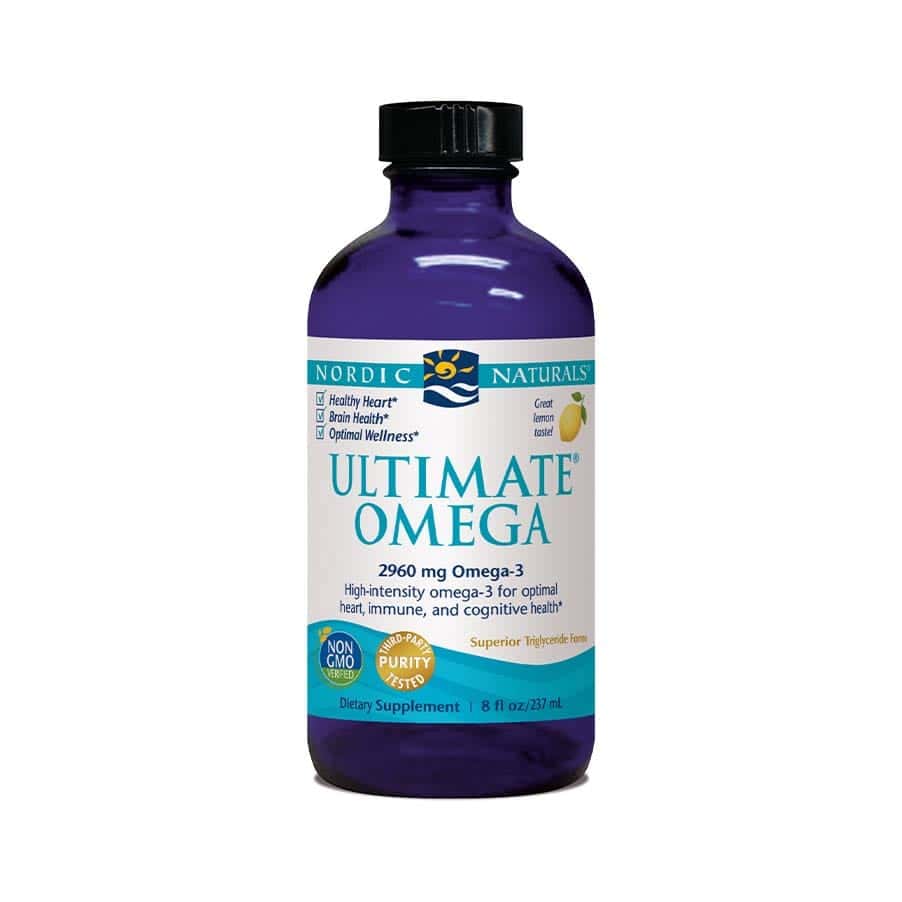 Ultimate Omega 2840mg 119ml Nordic Naturals, suplemento líquido de ómega-3 com EPA e DHA e sabor a limão.