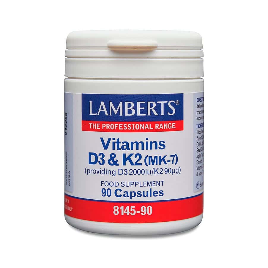 Vitamin D3 + K2 90 Cápsulas Lamberts, suplemento alimentar em cápsulas com vitamina D3 e vitamina K2.