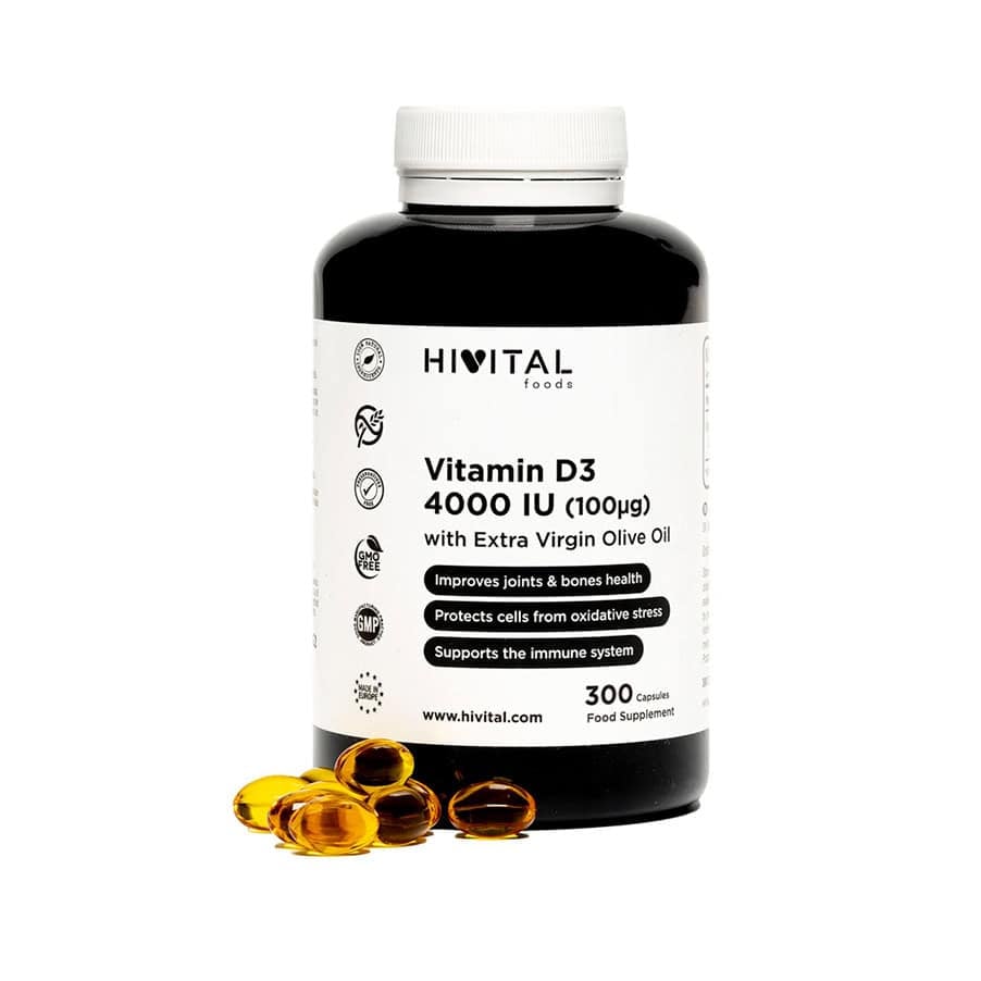 Vitamina D3 4000UI Hivital com 300 cápsulas, suplemento alimentar com vitamina D3 para a rotina diária.