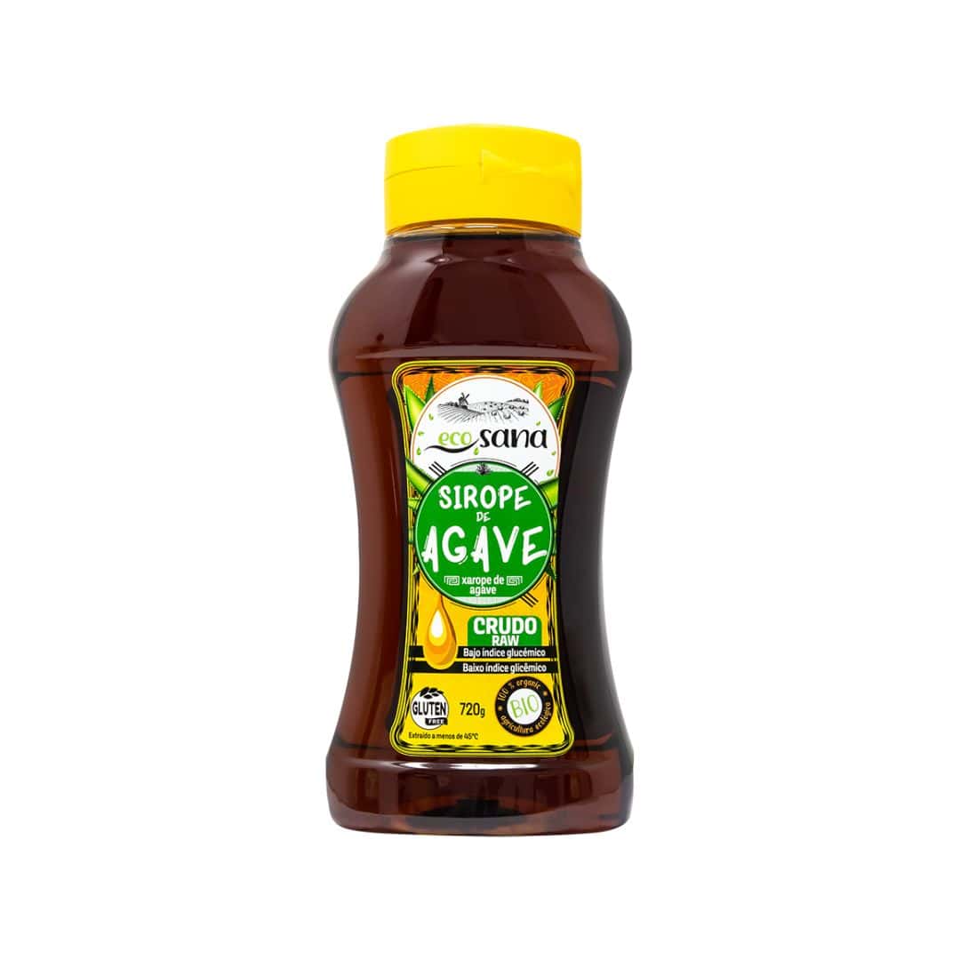 Xarope de Agave Cru Bio 500ml Ecosana em embalagem, adoçante biológico cru de origem vegetal para bebidas e receitas.