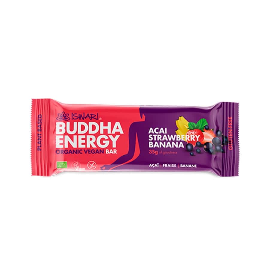 Buddha Energy Bar Açaí, Morango e Banana 35gr Iswari em embalagem individual.