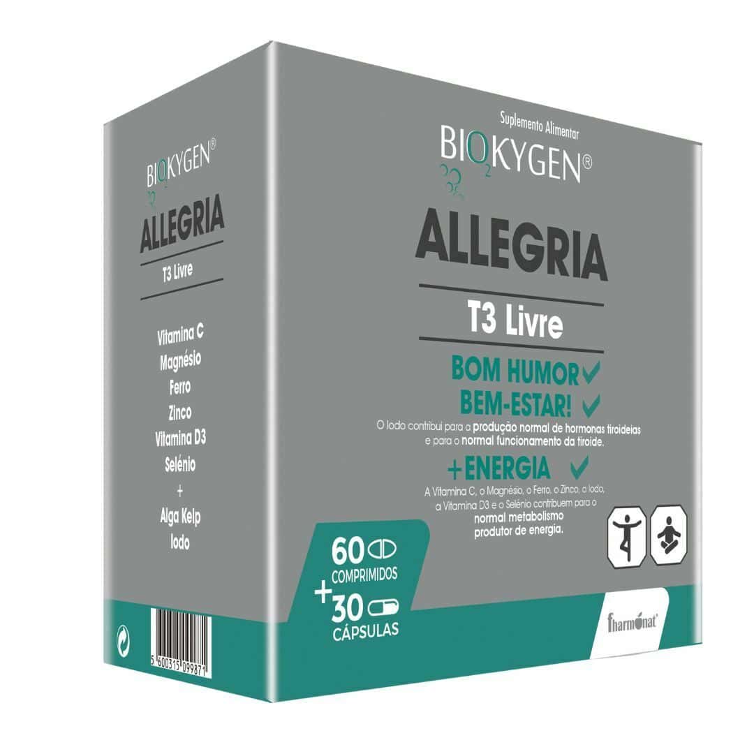 Allegria T3 Livre 60 Comprimidos + 30 Cápsulas Biokygen, suplemento alimentar com alga kelp, iodo, vitamina C, magnésio, ferro, zinco, vitamina D3 e selénio.
