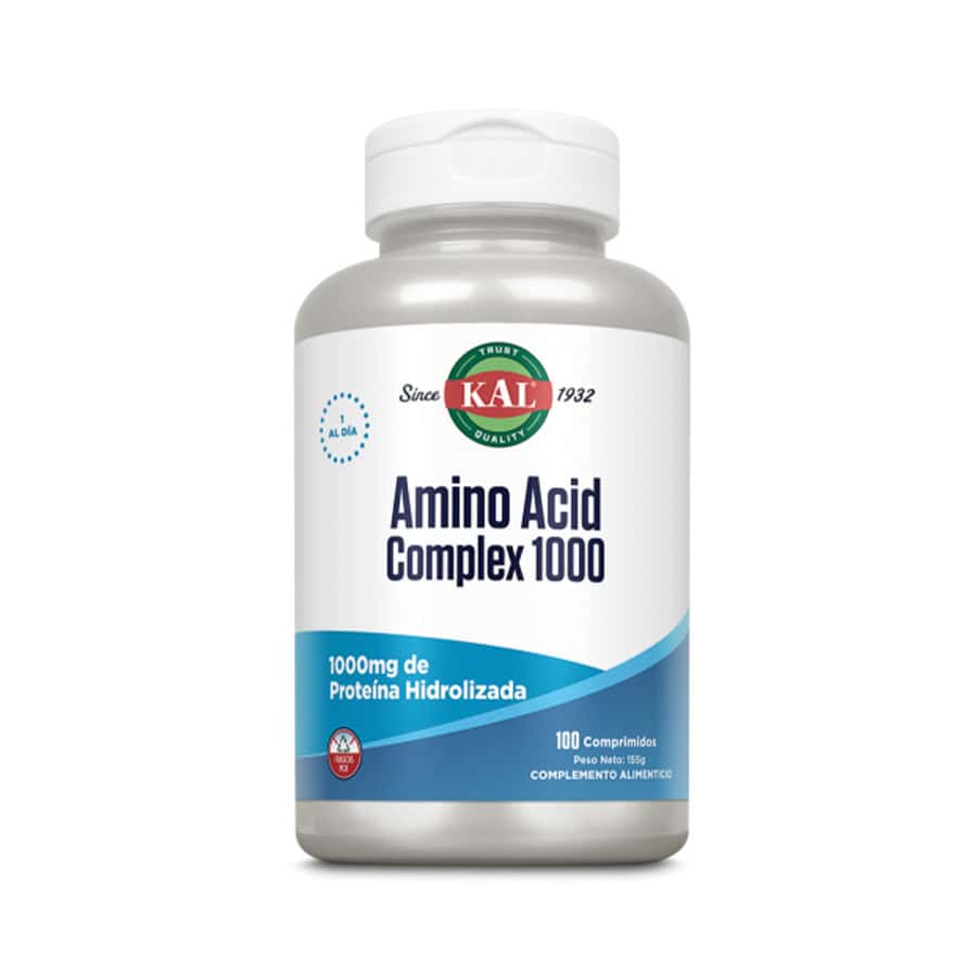 frasco de Complexo Amino Ácido 1000 100 comprimidos Kal, suplemento proteico que fornece aminoácidos essenciais para o desenvolvimento e recuperação muscular