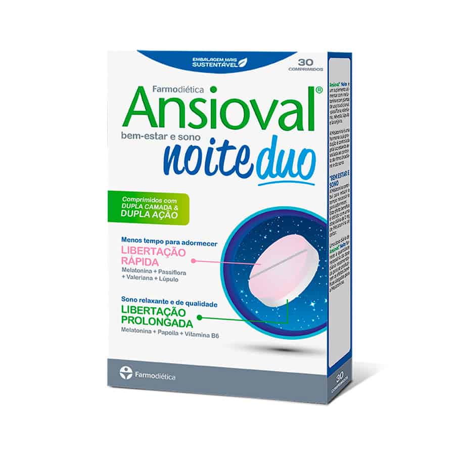 Ansioval Noite Duo 30 comprimidos Farmodiética suplemento natural para relaxamento e sono tranquilo