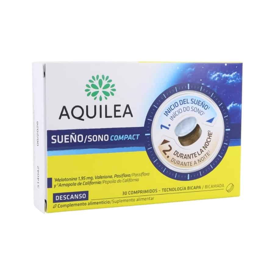 Embalagem de Aquilea Sono Compact 30 comprimidos, suplemento com melatonina e extratos naturais que ajudam a adormecer rapidamente e promovem um sono reparador.