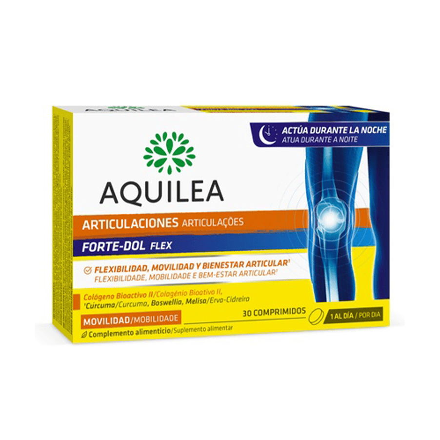 Suplemento Aquilea Articulações Forte-Dol Flex 30 comprimidos, formulado para melhorar a mobilidade e reduzir o desconforto articular.