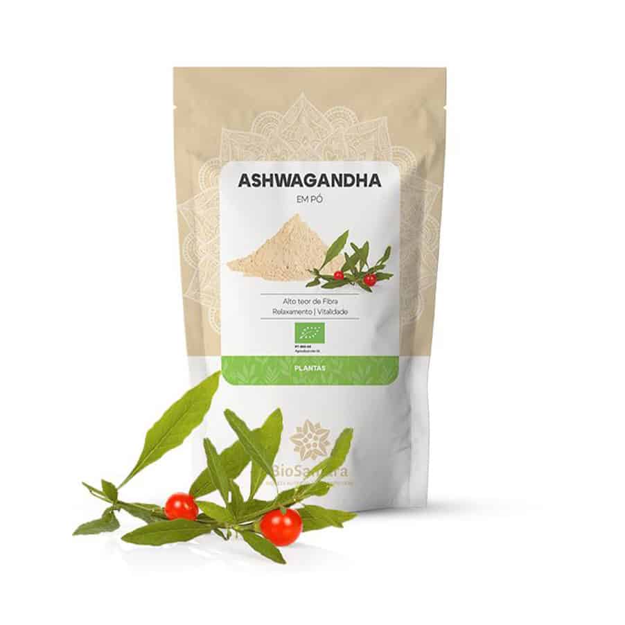Ashwagandha em Pó BioSamara 250 g, produto alimentar em pó de origem vegetal para adicionar a bebidas, papas e receitas.
