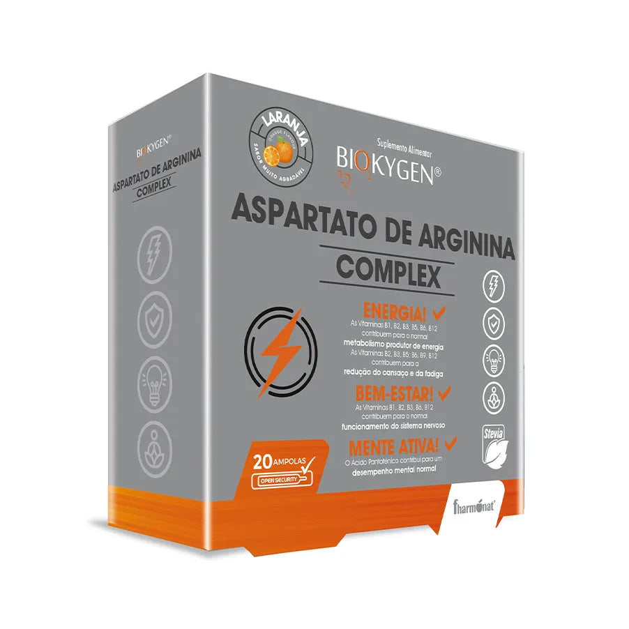 Aspartato de Arginina Complex 20 ampolas Biokygen, suplemento alimentar líquido com aspartato de arginina e vitaminas do complexo B.
