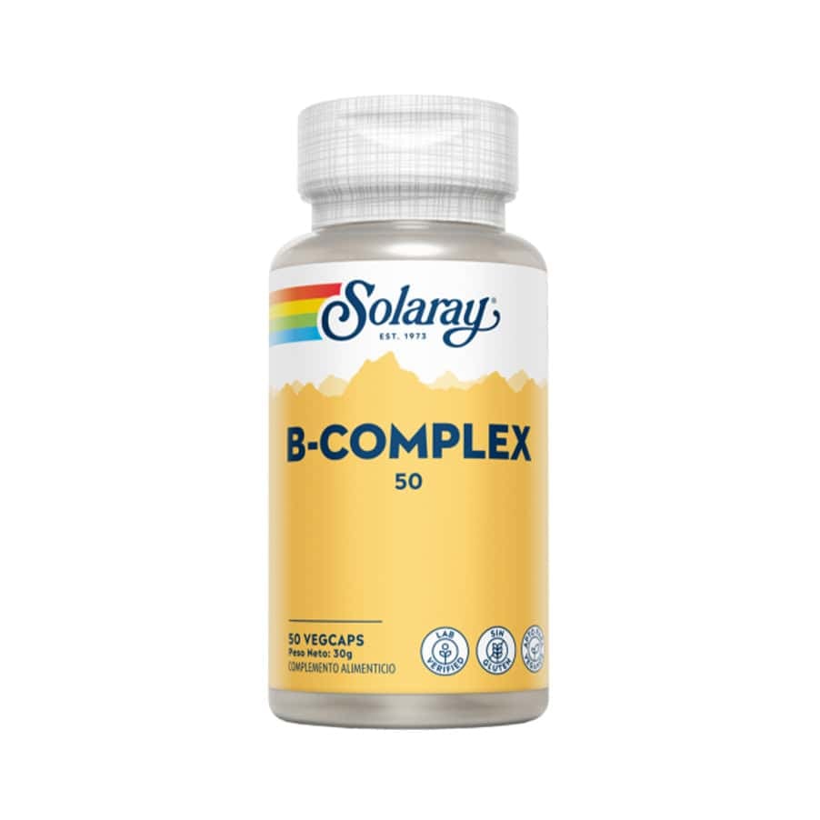 Frasco de suplemento Solaray B-Complex com 50 cápsulas, complexo equilibrado de vitaminas do grupo B para energia, metabolismo e sistema nervoso.