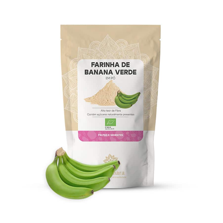 Farinha de Banana Verde em Pó BioSamara 125 g, produto alimentar em pó para usar em receitas e preparações saudáveis.
