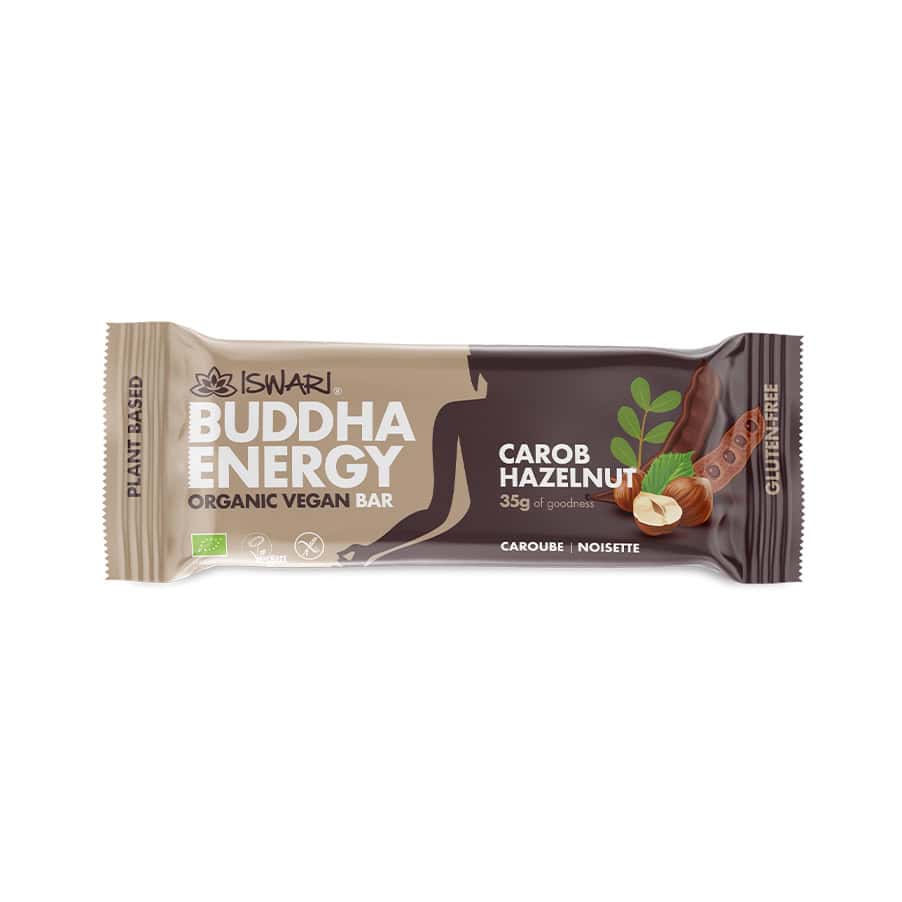 Buddha Energy Bar Alfarroba e Avelã 35 g Iswari, barra energética de origem vegetal em formato individual.