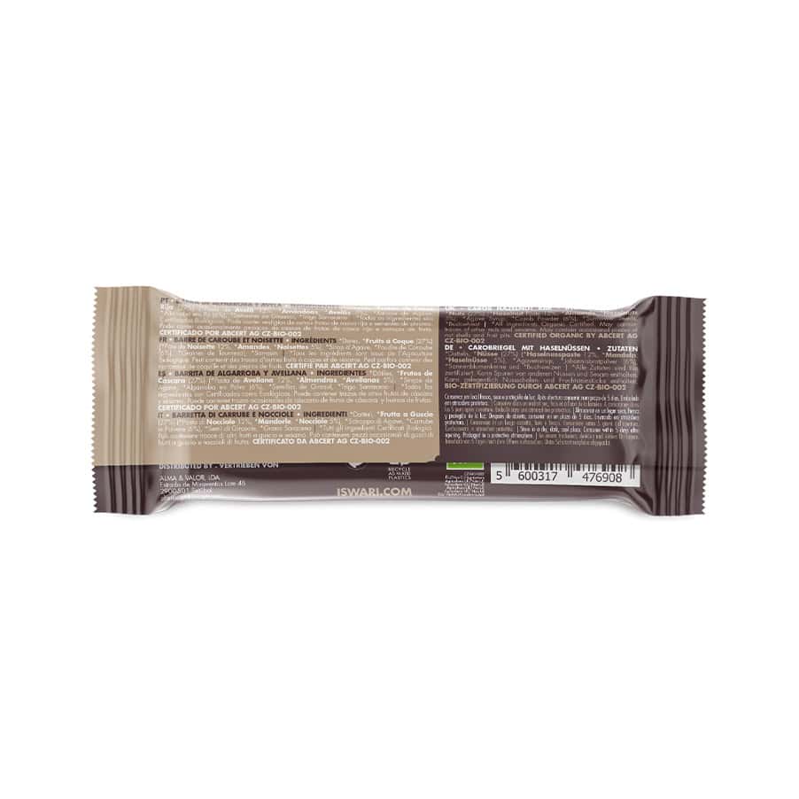 Buddha Energy Bar Alfarroba e Avelã 35 g Iswari, barra energética de origem vegetal em formato individual.