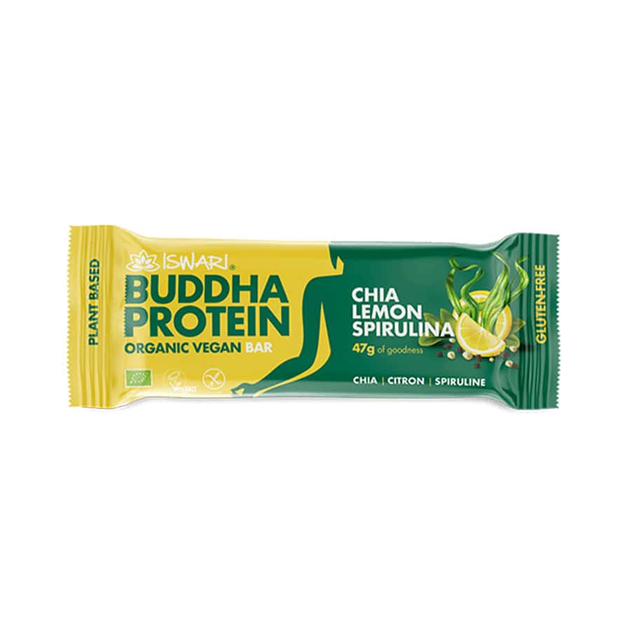 Buddha Protein Bar Chia, Limão e Spirulina 47 g Iswari, barra proteica vegetal em formato individual.
