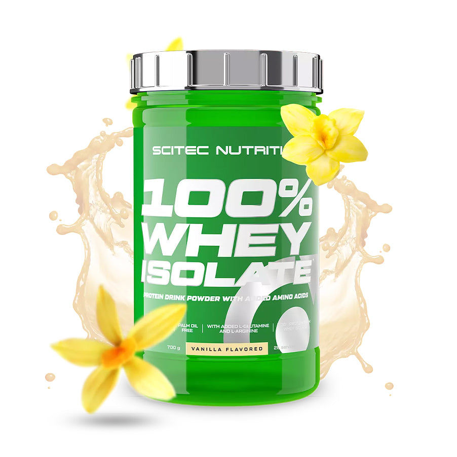 A 100% Whey Isolate Scitec Nutrition é uma proteína em pó com sabor a baunilha chocolate e morango com chocolate branco, formulada com proteína isolada de soro de leite. 