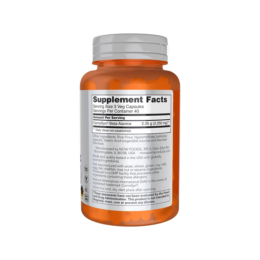 Beta-Alanine 750 mg da Now Foods é um suplemento alimentar em cápsulas vegetais, formulado com CarnoSyn® Beta-Alanine. 