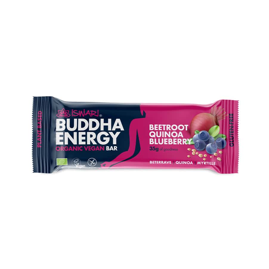 Buddha Energy Bar Beterraba, Quinoa e Mirtilo 35 g Iswari, barra energética de origem vegetal em formato individual.
