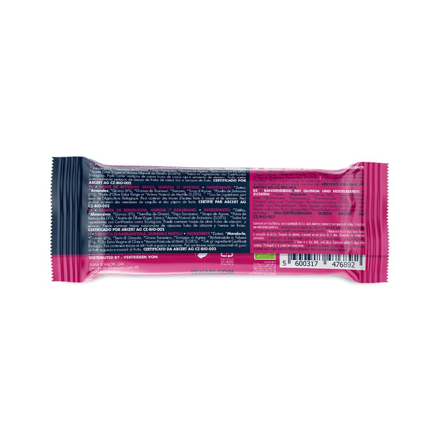 Buddha Energy Bar Beterraba, Quinoa e Mirtilo 35 g Iswari, barra energética de origem vegetal em formato individual.