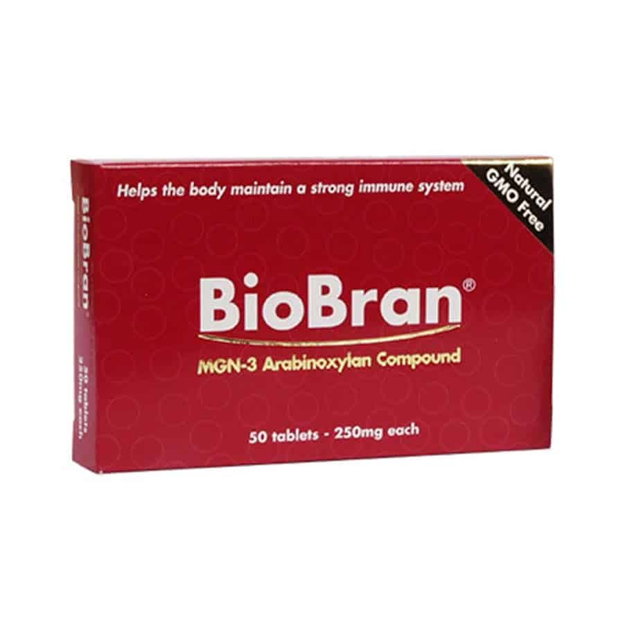 BioBran MGN-3 250 mg da Daiwa Pharmaceutical em embalagem com 50 comprimidos de arabinoxilano de farelo de arroz.