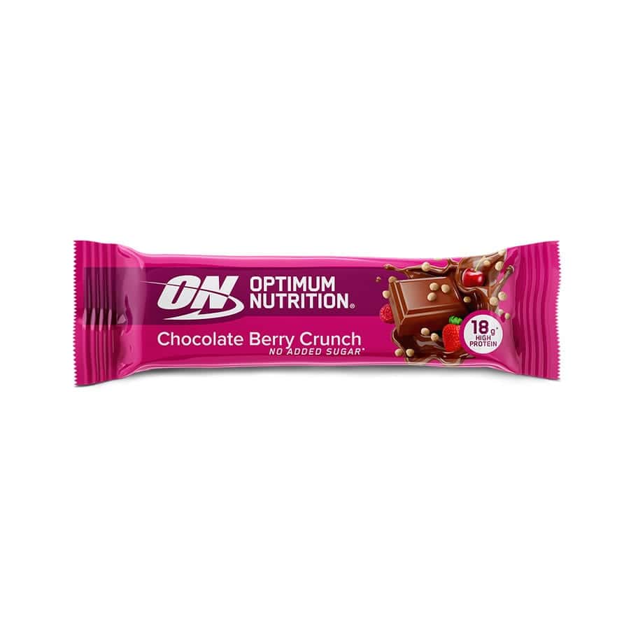 A Barra de Proteína Crocante de Chocolate e Frutos Vermelhos Optimum Nutrition é uma opção prática para integrares na tua rotina alimentar.