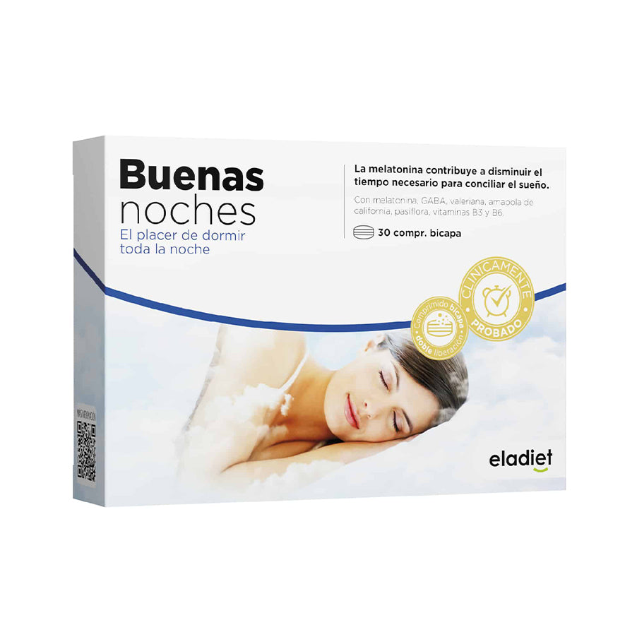 Boas Noites 30 Comprimidos Eladiet em embalagem de suplemento alimentar para o bem-estar noturno.
