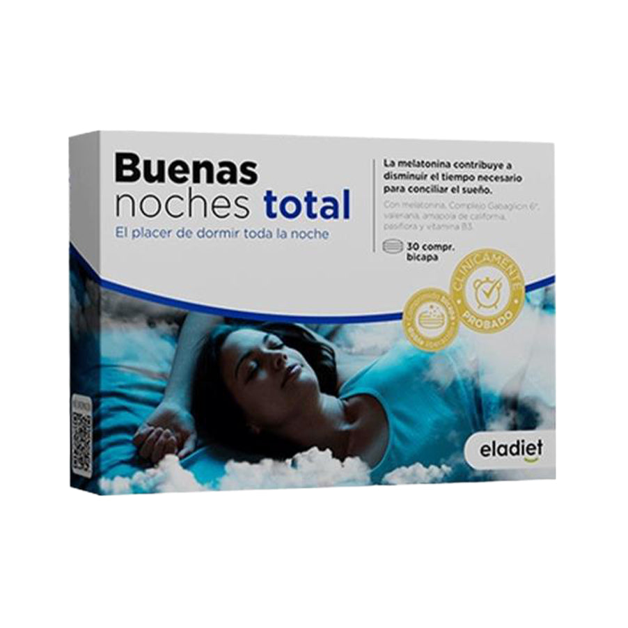 Buenas Noches Total 30 Comprimidos Eladiet em embalagem de suplemento alimentar para a rotina de descanso.
