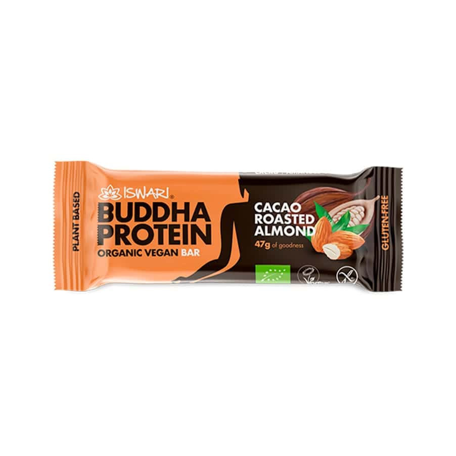 Buddha Protein Bar Cacau e Amêndoa Torrada 47gr Iswari em embalagem individual.