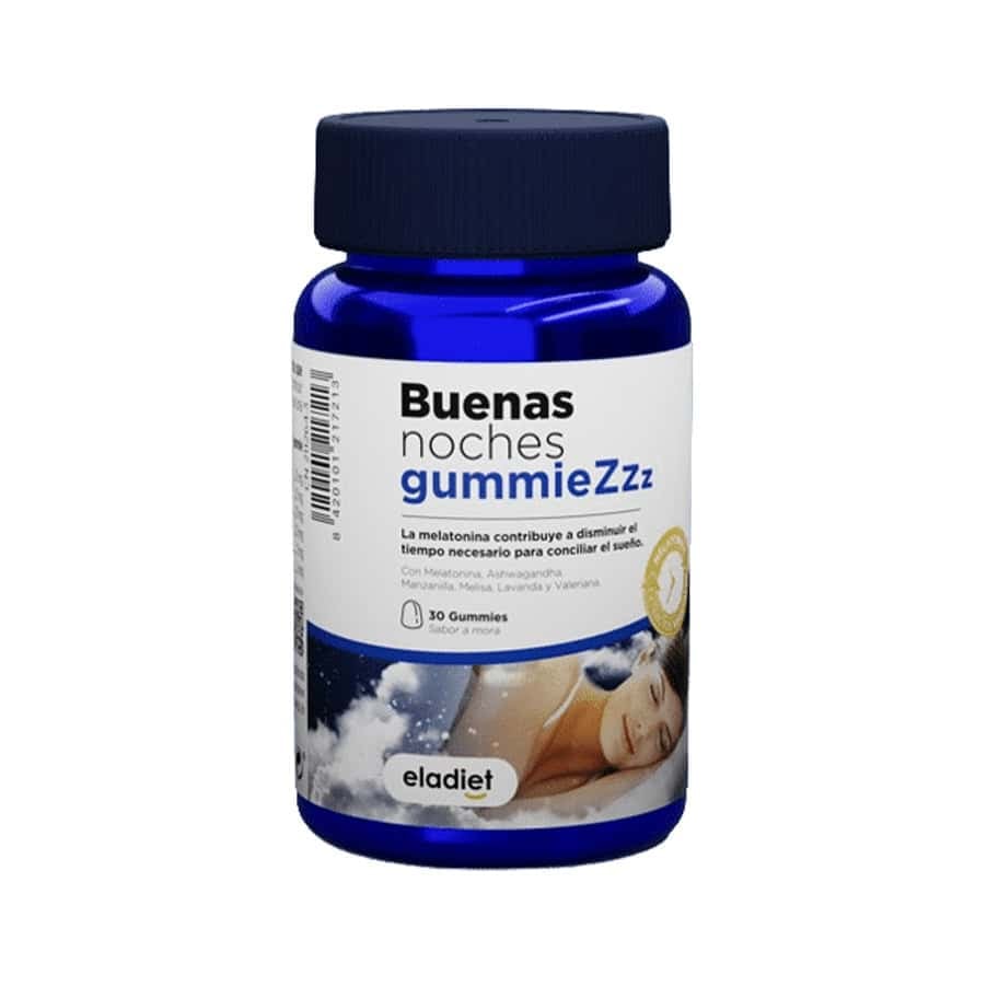 Buenas Noches Gummie ZZZ 30 Gomas Eladiet em embalagem de suplemento alimentar para a rotina de descanso.
