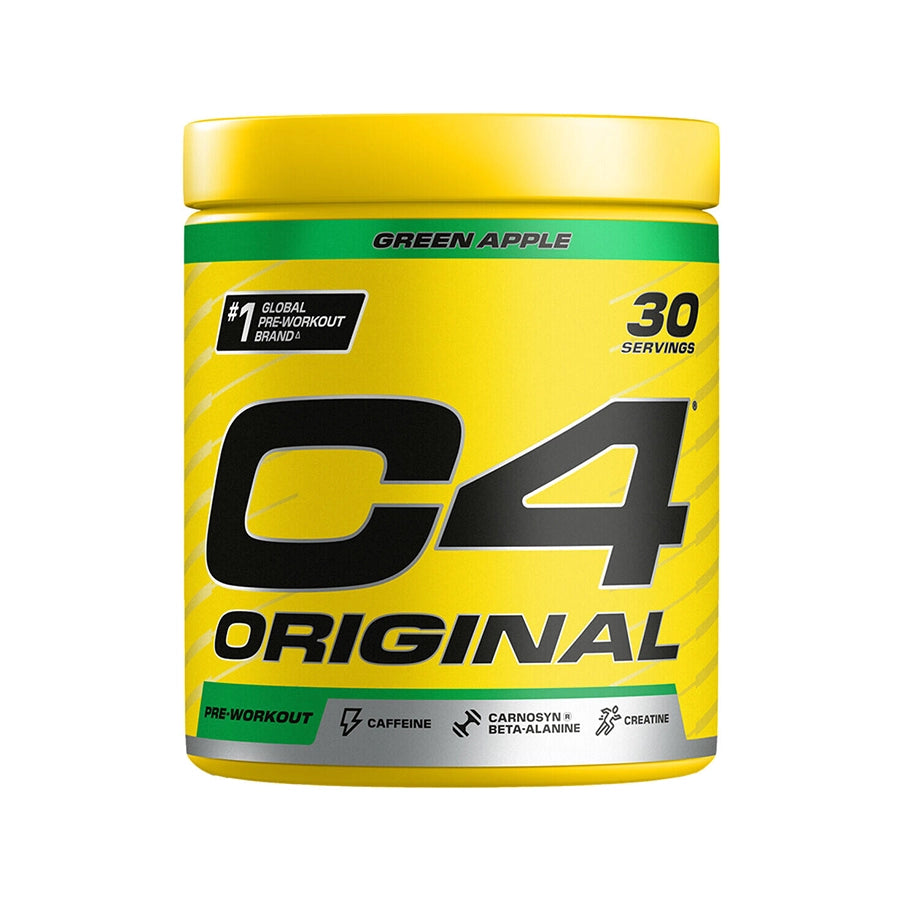 C4 Original Pre-Workout Cellucor, suplemento pré-treino em pó com sabor a maçã verde, em embalagem de 204 g.