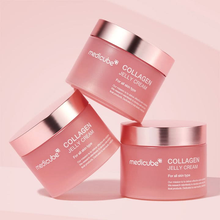 Frasco do Jelly Cream de Colagénio 110ml da Medicube, creme hidratante para firmeza e elasticidade da pele.