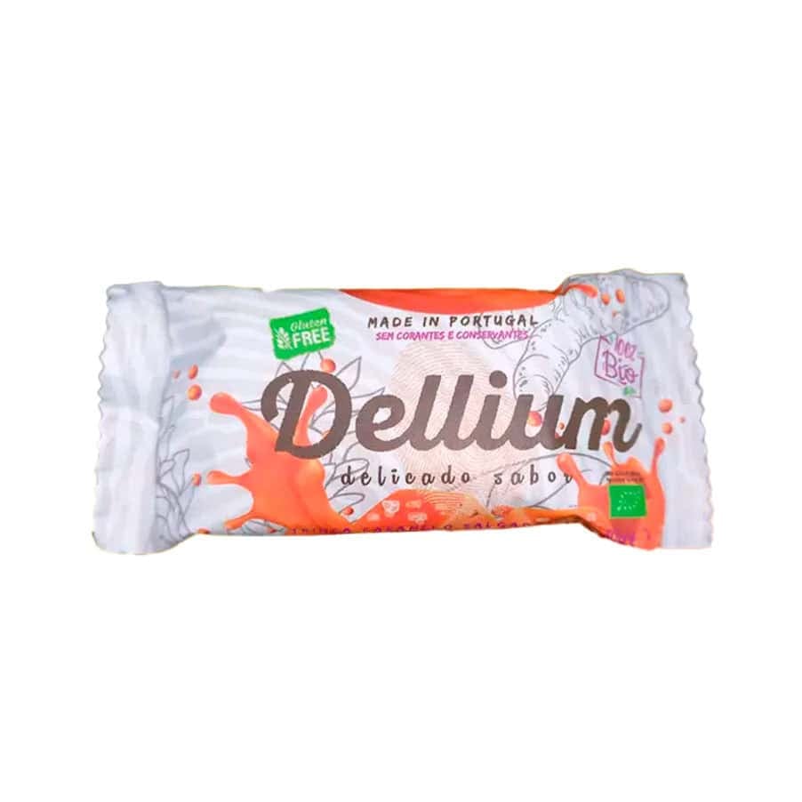Barrita Trinca caramelo salgado e curcuma Dellium 30gr, snack em formato individual.