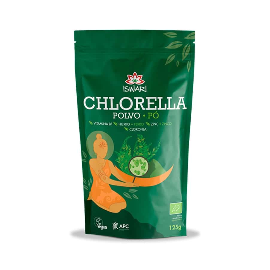 Clorela em Pó Bio 125gr Iswari em embalagem de superalimento vegetal.
