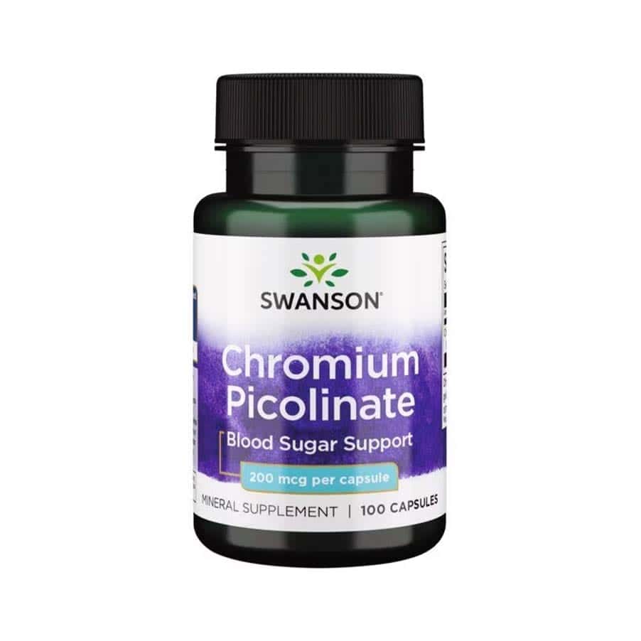Picolinato de Crómio 200mcg 100 Cápsulas Swanson, suplemento mineral vegan com crómio em forma de picolinato para apoio ao metabolismo dos macronutrientes.
