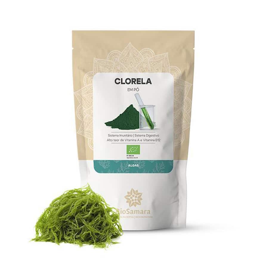 Clorela em Pó BioSamara 125 g, alga verde em pó de origem vegetal para adicionar a batidos, sumos e receitas.
