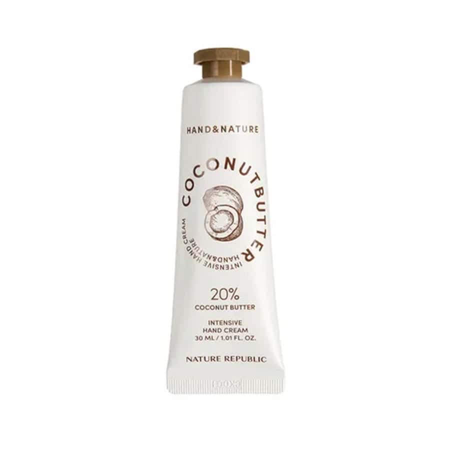 Creme de Mãos Intensivo Manteiga de Coco 30ml Nature Republic é um cuidado nutritivo desenvolvido para hidratar profundamente mãos secas e ásperas.